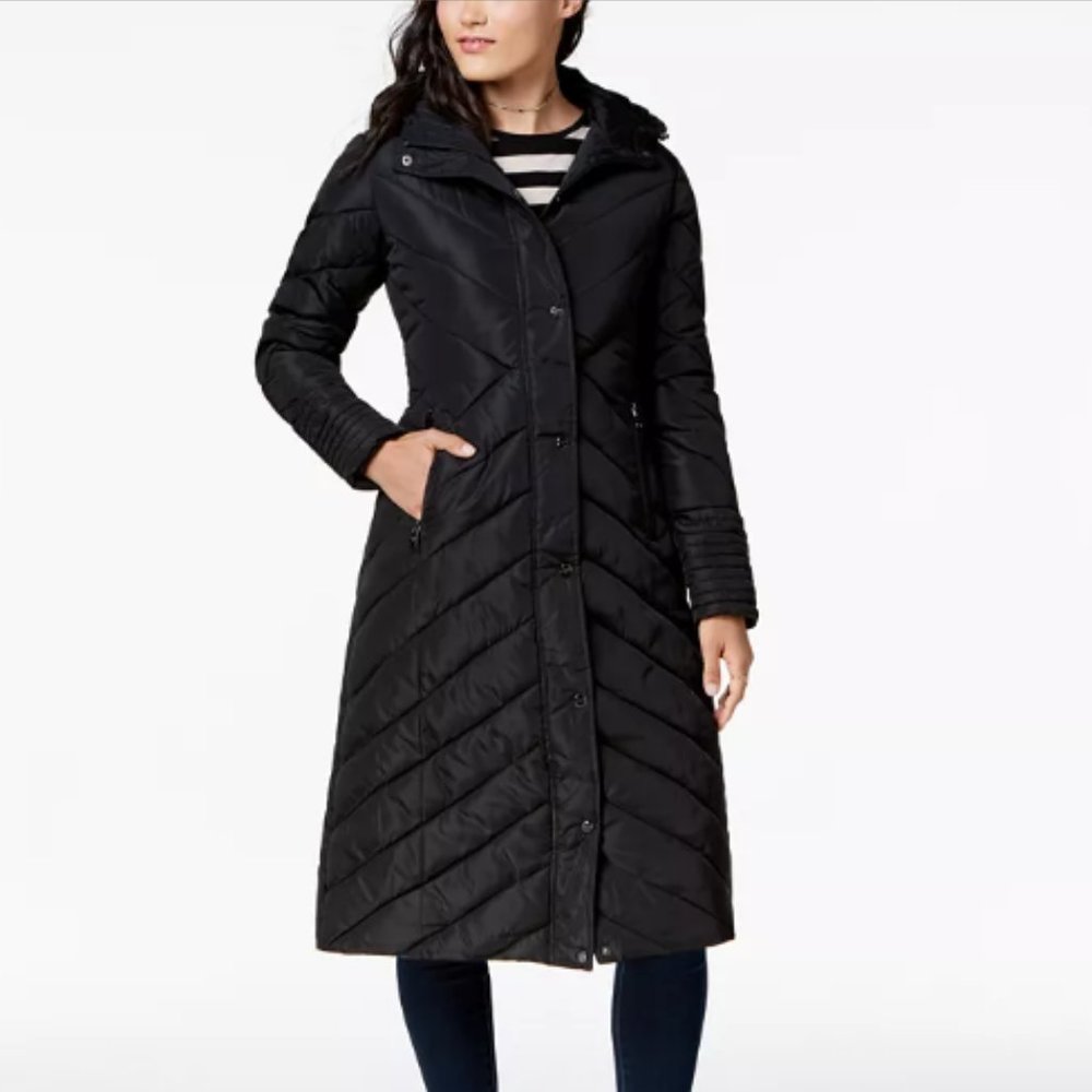 Madden Girl Women’s Black Long Chevron Hooded Maxi Puffer Jacket Size S